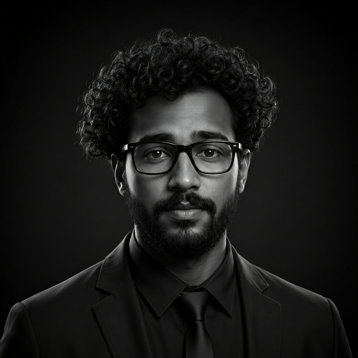 A professional portrait of a tech architect in a high-contrast black and white style. The lighting is sharp and cinematic, highlighting facial features against a clean, minimalist studio background. The overall aesthetic is modern, technical, and sophisticated, aligning with a high-end editorial portfolio look.